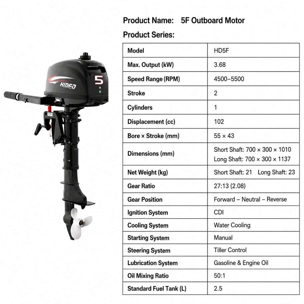 5HP Two-Stroke Water-Cooled Outboard Motor - Tiller Control, F-N-R Gear Shift