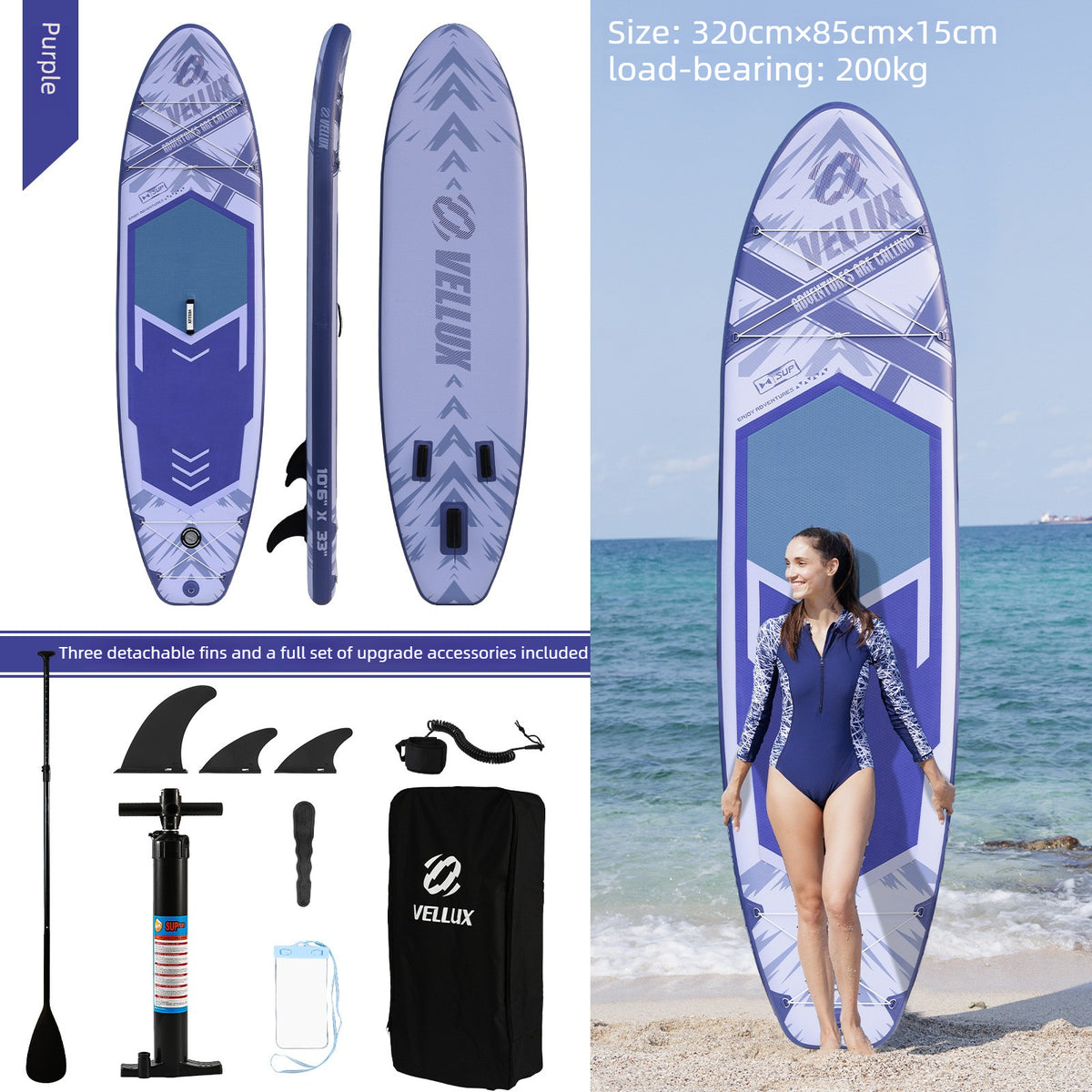 Vellux All-Purpose Inflatable SUP Paddleboard - Reinforced PVC, Drop-Stitch Core