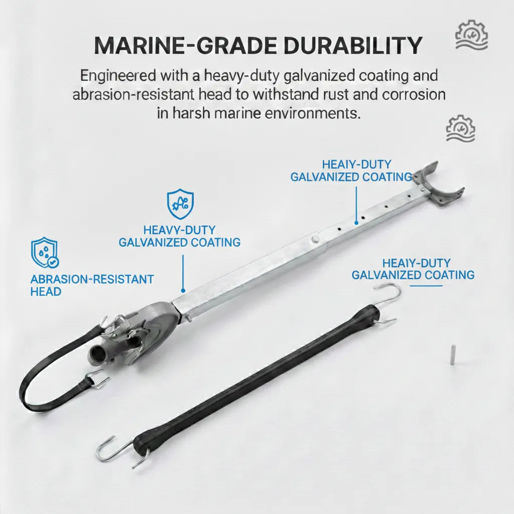Technical diagram highlighting the heavy-duty galvanized coating and abrasion-resistant head for corrosion resistance in marine environments.