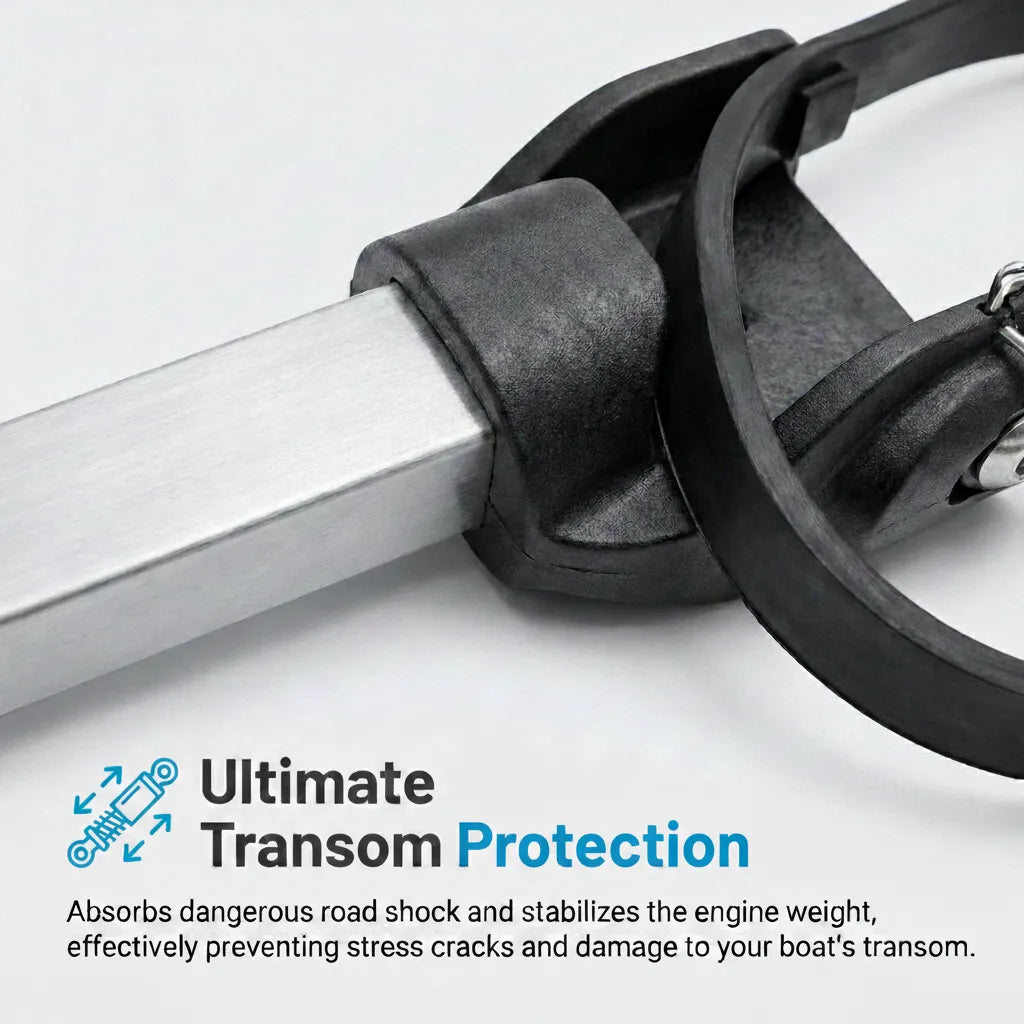Close-up detail of the shock-absorbing head and rubber strap designed to protect the boat's transom from road vibration.