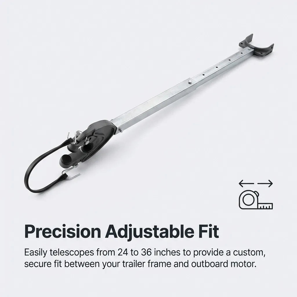 Infographic demonstrating the precision adjustable fit of the boat transom saver, telescoping from 24 to 36 inches.
