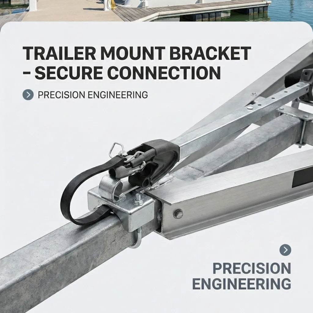 Close-up of the trailer mount bracket showing a secure, precision-engineered connection to the trailer frame.