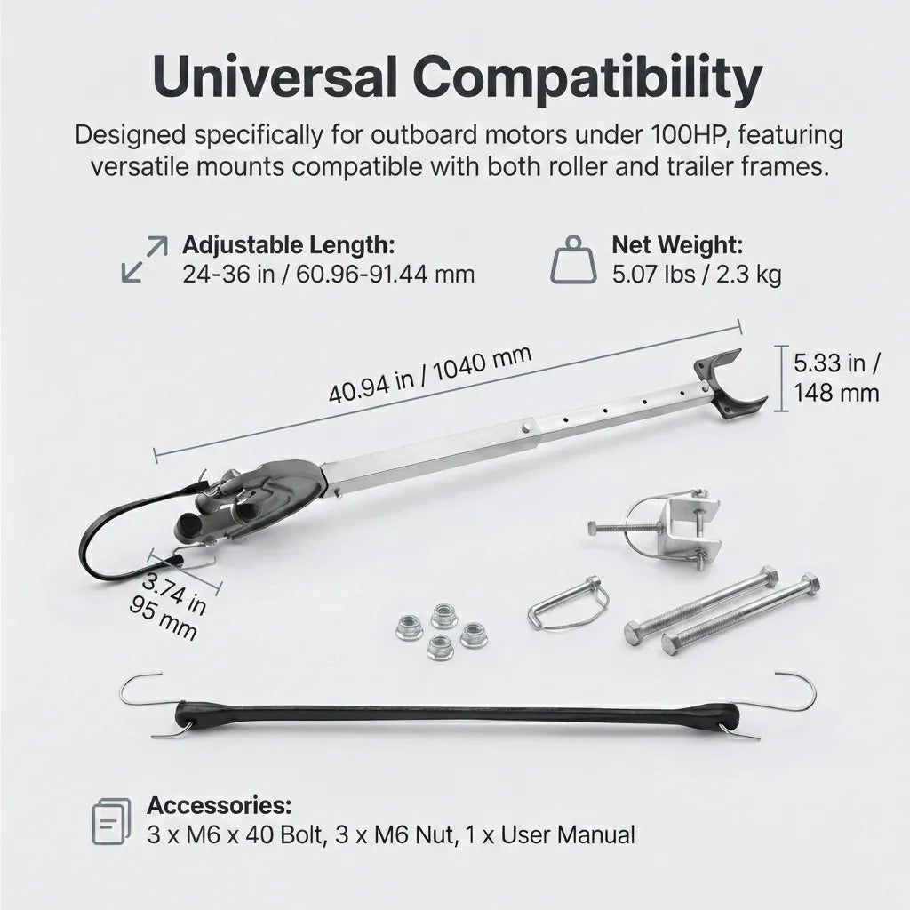 Dimension diagram for the boat transom saver showing a 40.94 inch total length, 5.33 inch head width, and weight capacity for motors under 100HP.