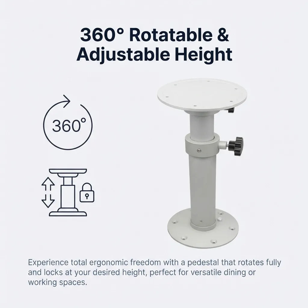 Infographic explaining the 360-degree rotatable function and adjustable height range for versatile dining and workspace configurations.