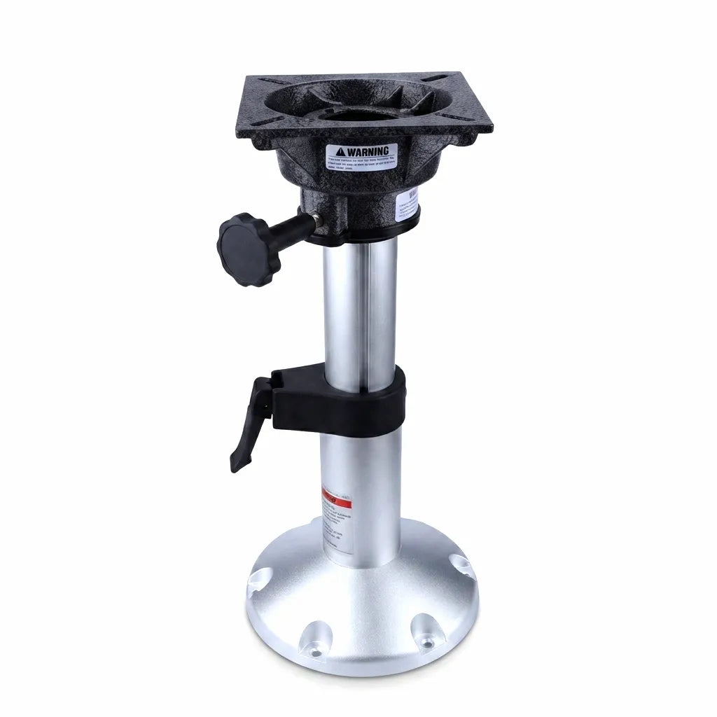 Front view of an AirOw Marine adjustable marine seat pedestal with an anodized aluminum column, black cast swivel base, and ergonomic clamping lever on a white background.