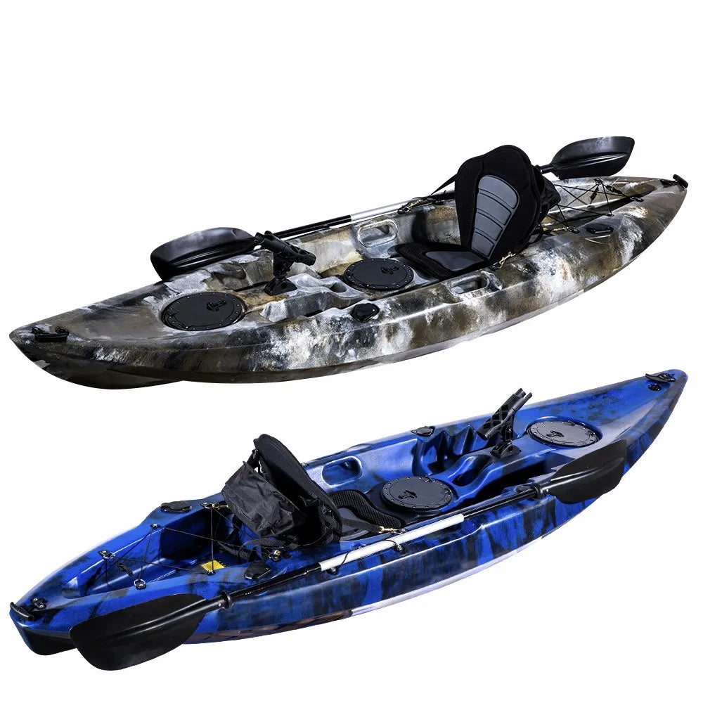 AirOwMarine rotomolded LLDPE single-person angler kayaks in blue and camouflage, equipped with adjustable padded seats, two-piece paddles, and integrated quad rod holders.