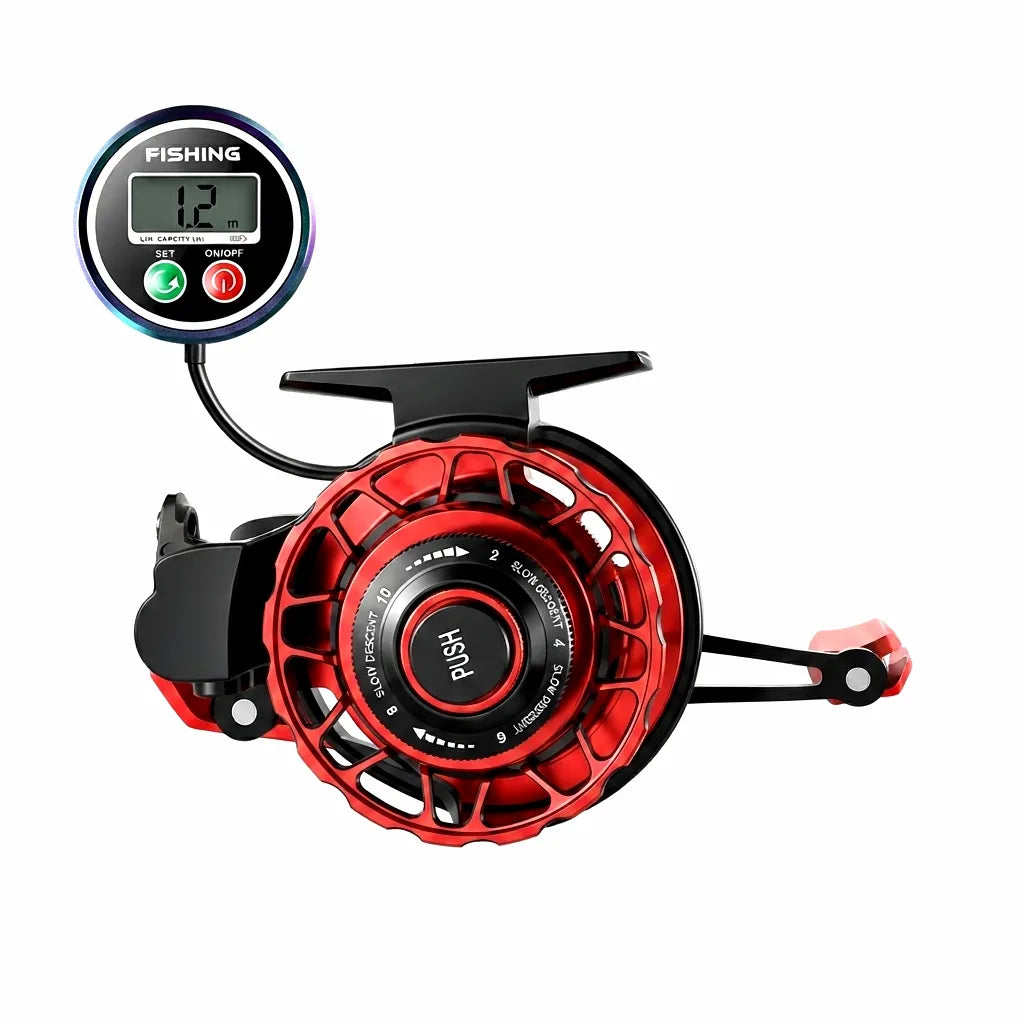 AirówMarine HERO Digital Display Raft Fishing Reel with automatic line retrieval, magnetic slow-falling, and all-metal CNC body, in striking red and black finish.
