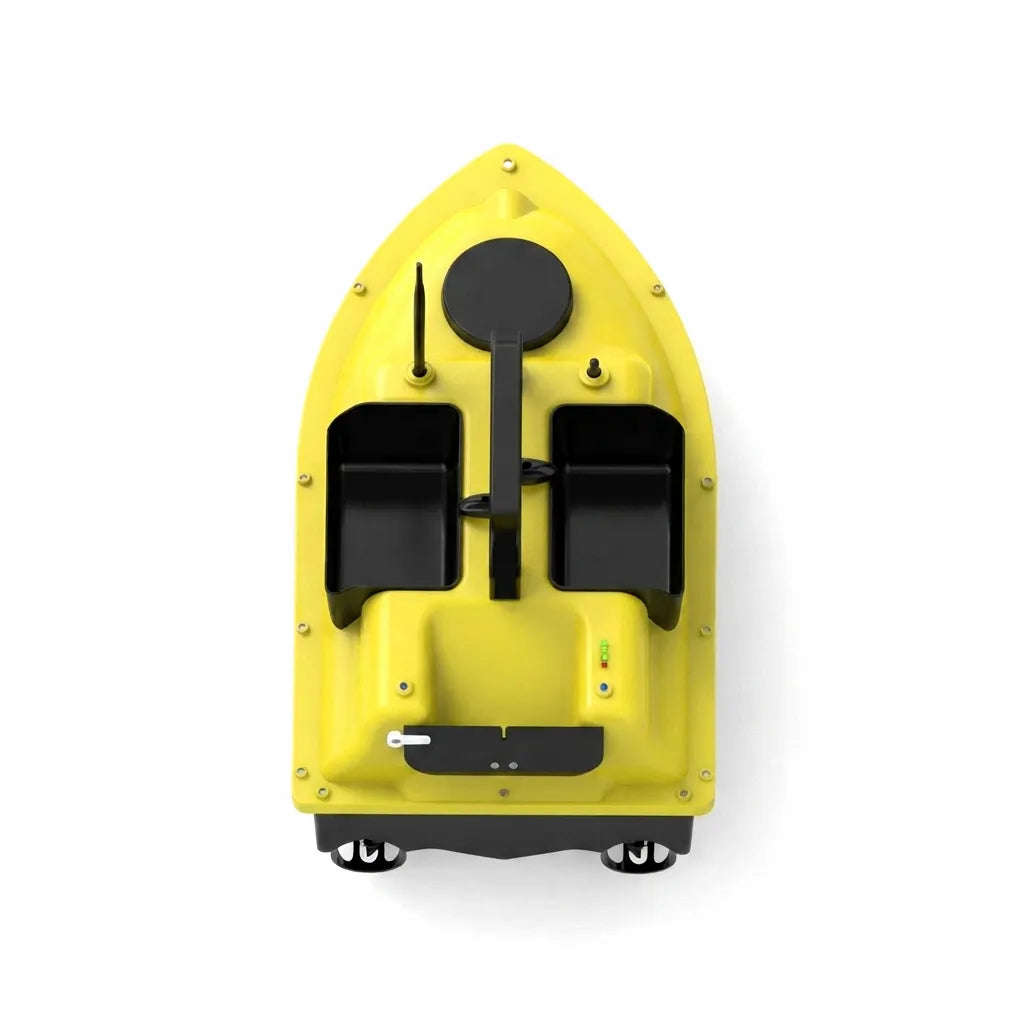 Overhead view of yellow AirMarine Three-Compartment GPS Smart Bait Boat with dual hoppers and rear propellers on white background.