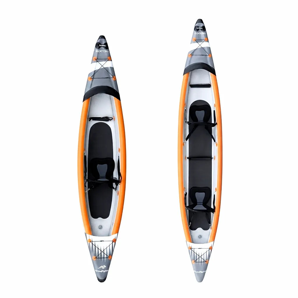 Top-down view of the AirMarine Koetsu inflatable racing kayak, showcasing its sleek grey, orange, and black design with single and double seating configurations.