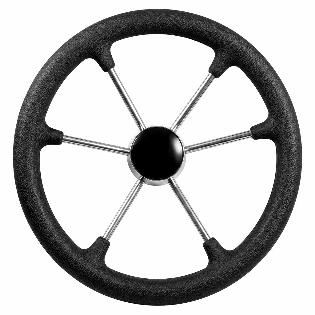 Airow Marine 11-inch 5-spoke marine steering wheel with heavy-duty 304 stainless steel core and textured black polyurethane foam grip, isolated on white background.