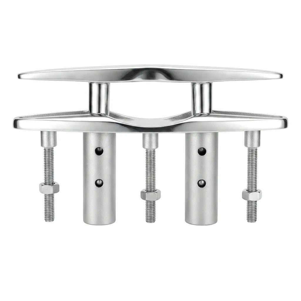 Close-up view of a 12-inch 316 stainless steel flush mount sliding marine cleat, showcasing its mirror-polished finish and robust construction with threaded mounting posts and nuts.
