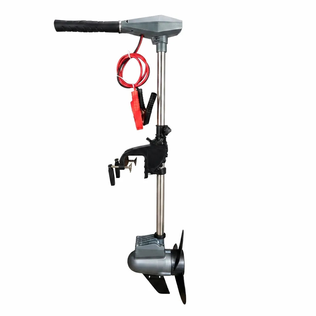 Airow Marine electric trolling motor with dual-voltage battery connectors and transom clamp mount on pure white background.