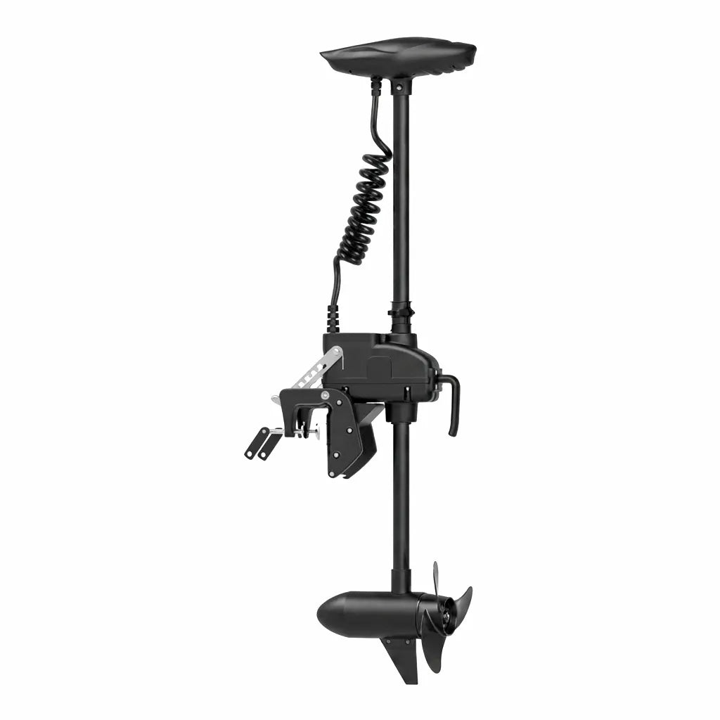 AIROW MARINE 12V 55LBS Smart Marine Thruster with two-blade propeller, black shaft, and transom mounting bracket on a pure white background