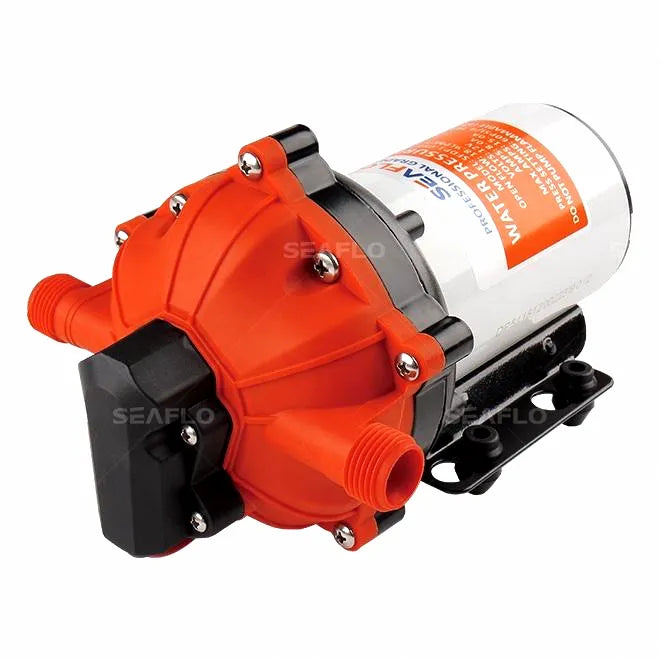 Seaflo 12V DC 0.5 HP professional grade marine water pressure pump with orange composite housing and stainless steel fasteners on a white background.