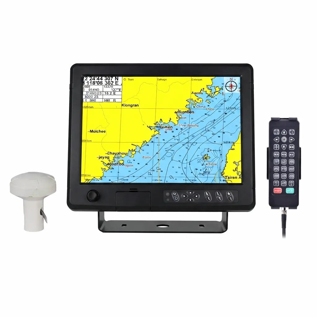 Airow Marine 15-inch Chart Plotter with GPS/BeiDou antenna and wired remote control, displaying a detailed marine chart on a white background.