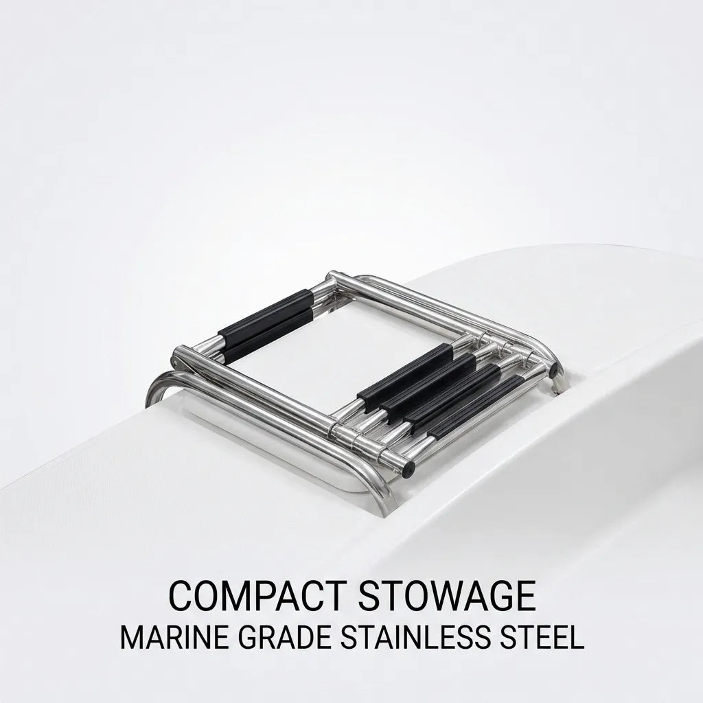 Close-up of the telescoping ladder stowed compactly on a boat deck, showing the low-profile marine-grade stainless steel construction.