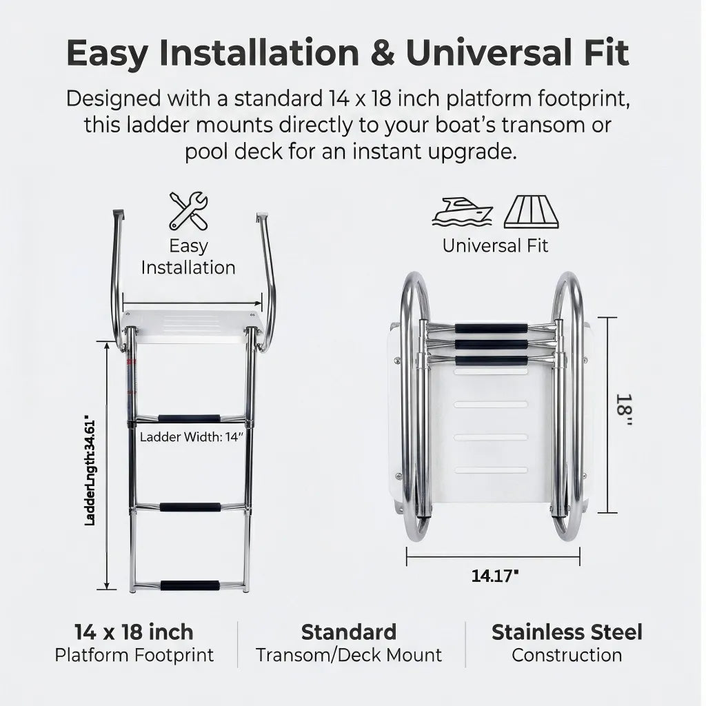 Technical diagram showing dimensions: 34.61 inch deployed length, 14x18 inch platform footprint, and 14 inch stowed length.