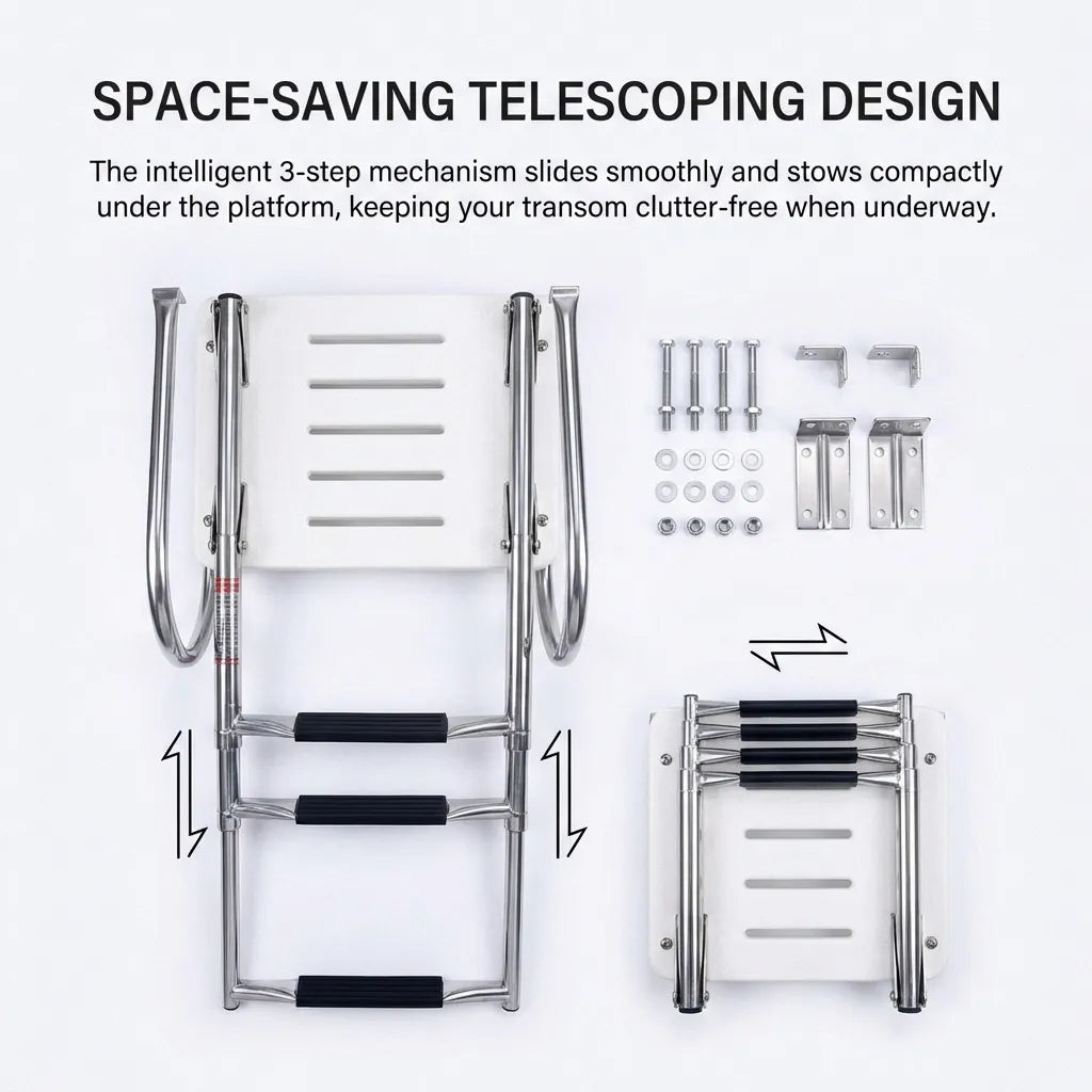 Top-down view of the 3-step ladder stowed vs deployed, including the complete mounting hardware kit with bolts, nuts, and brackets.