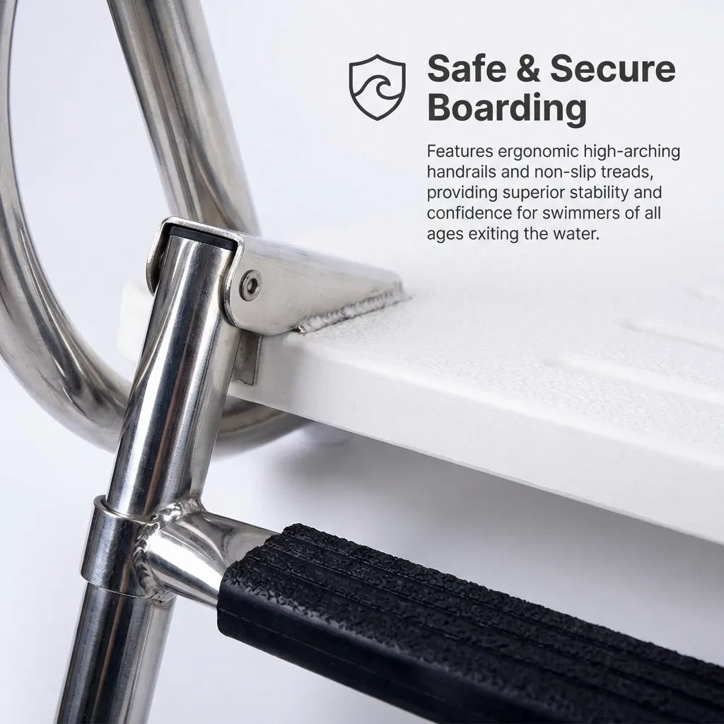 Macro shot of the marine ladder showing the high-precision TIG weld on the handrail and the textured non-slip rubber tread on the step.