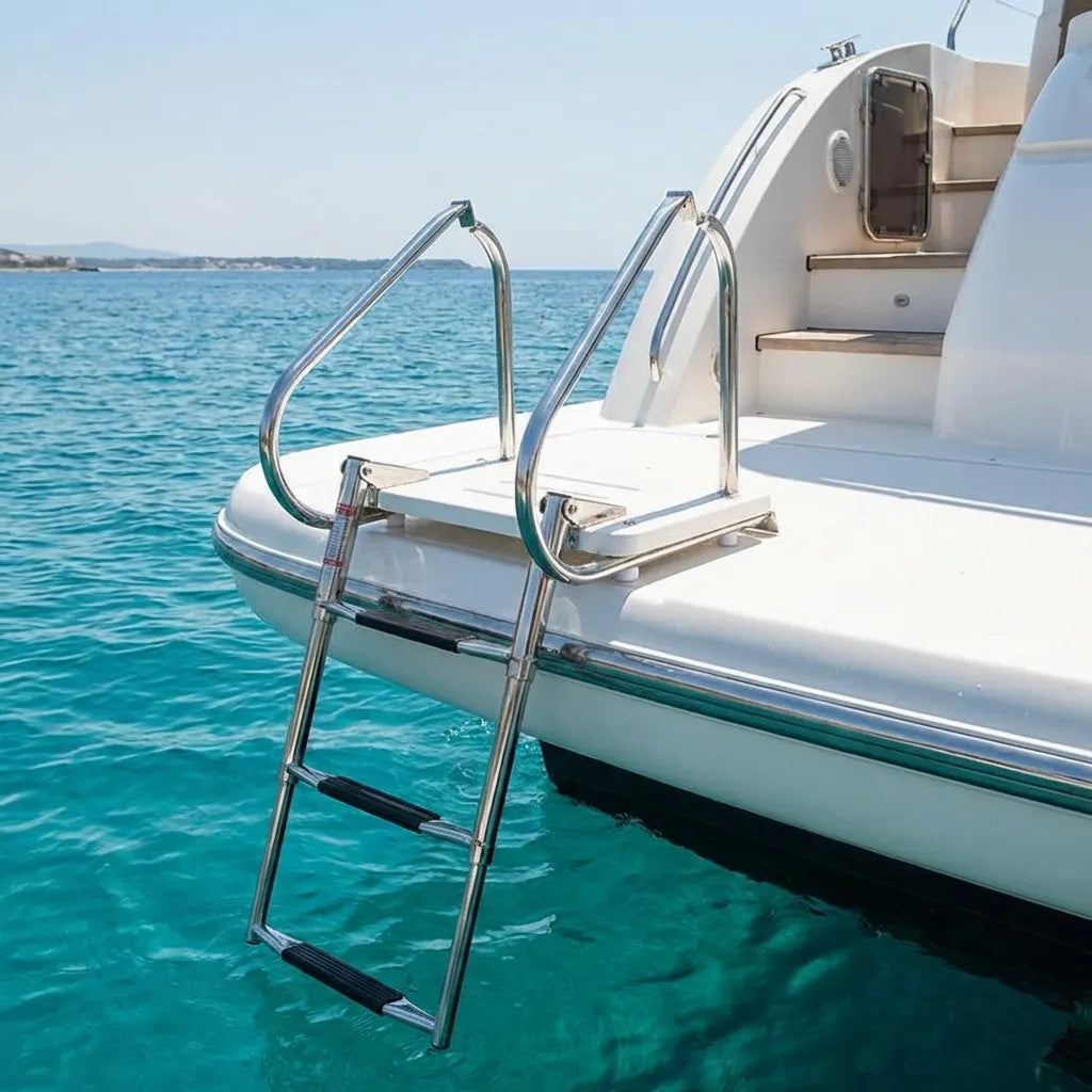 A 3-step marine ladder installed on the white transom of a luxury yacht, deployed over clear blue ocean water.