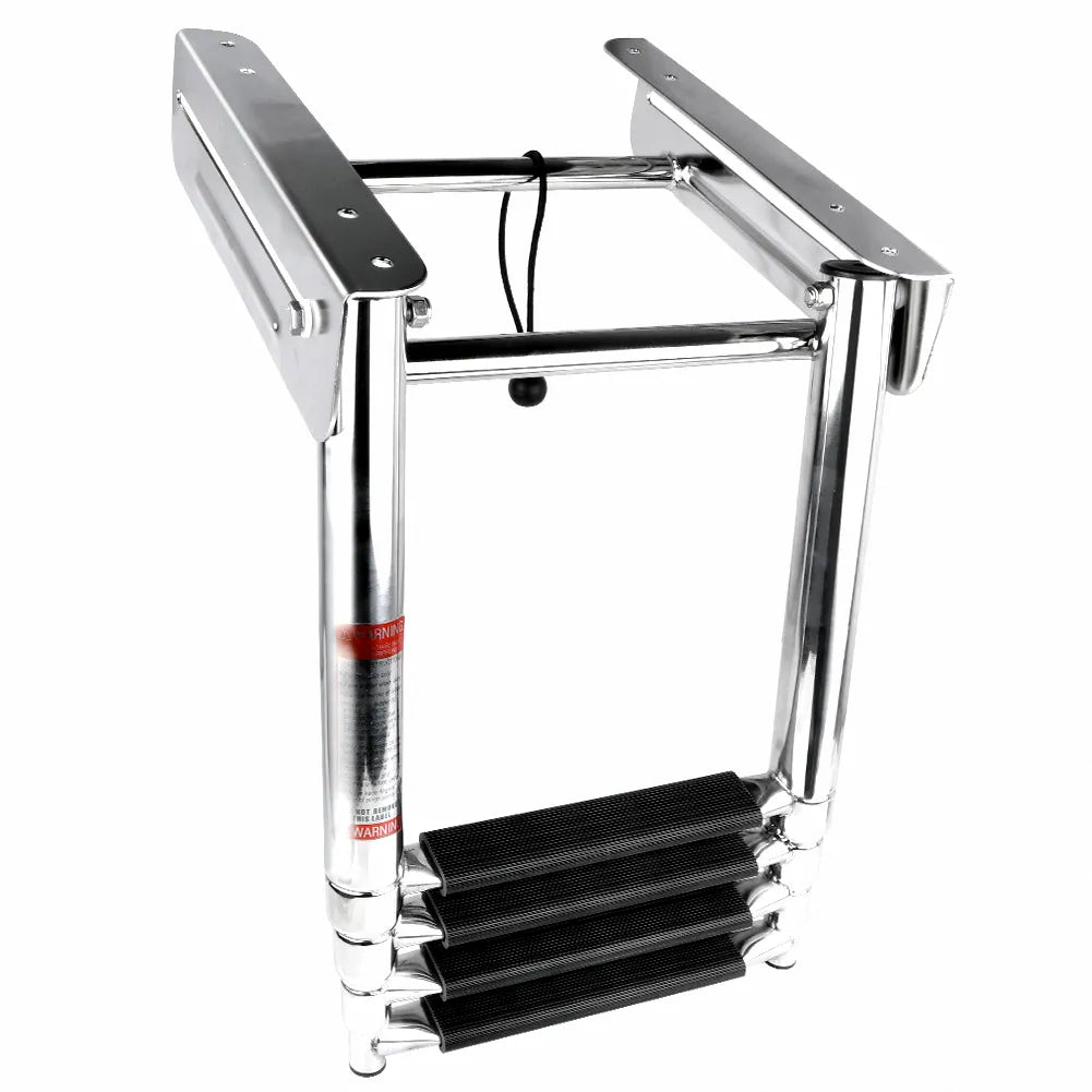AIROW MARINE 4-step telescoping boat ladder for concealed transom mounting, crafted from polished 304 stainless steel with non-slip steps.