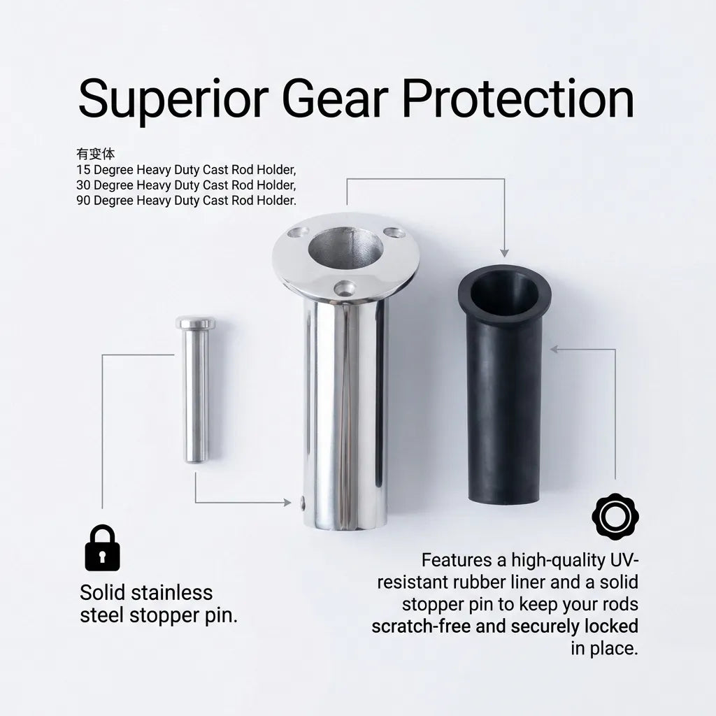 Exploded view showing heavy-duty cast tube, UV-resistant rubber liner, and solid stainless steel gimbal stopper pin.