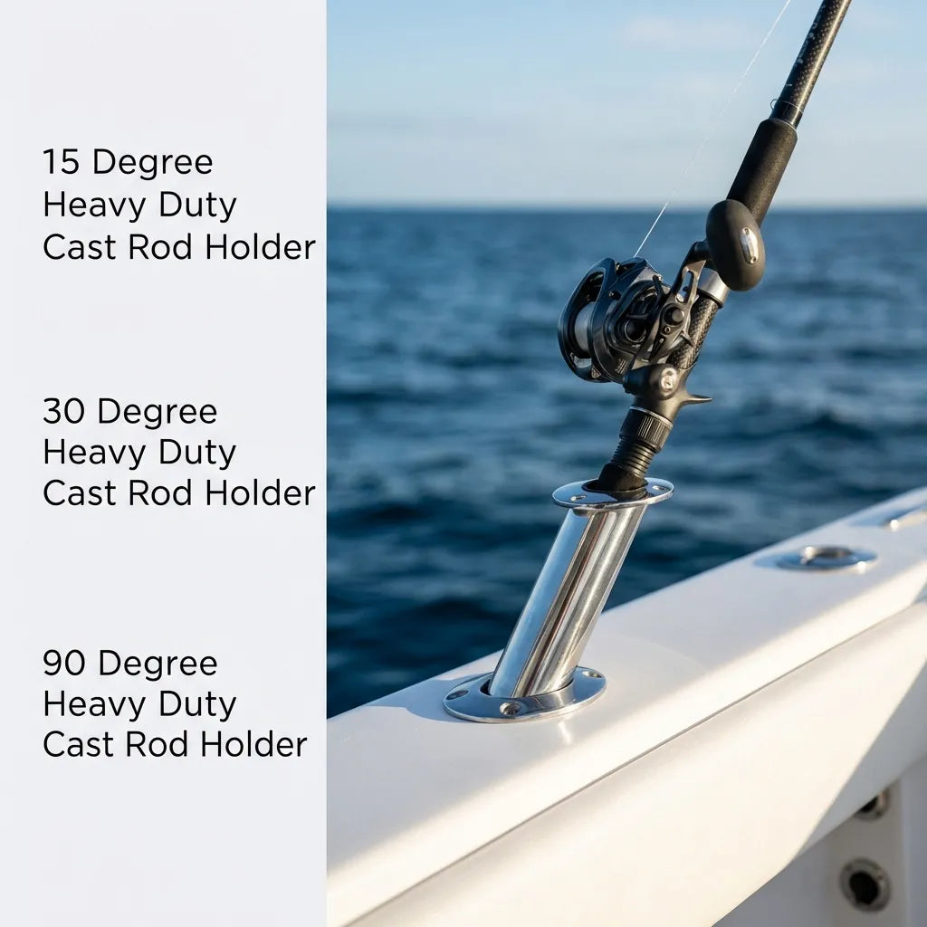 Close-up of a fishing rod secured in a flush-mount stainless steel holder on a boat gunnel during offshore trolling.