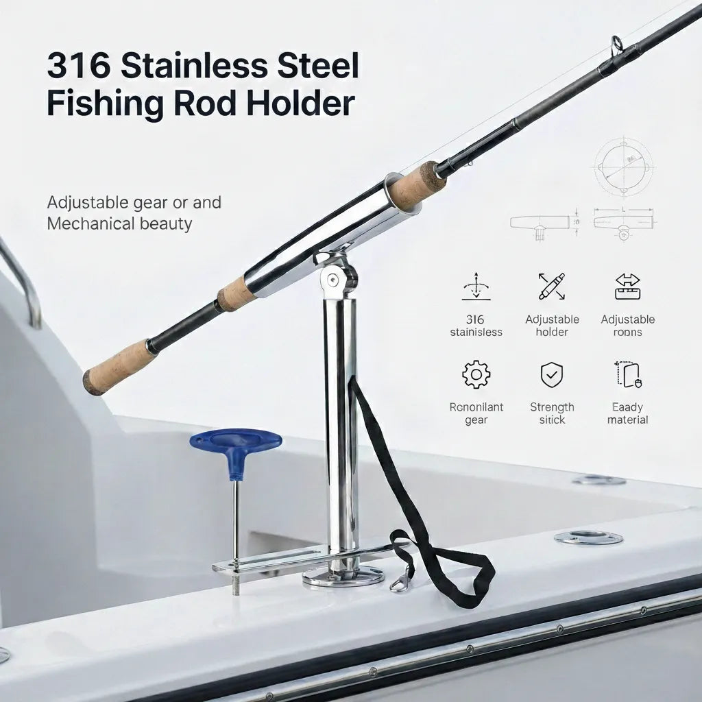 The 316 stainless steel fishing rod holder in use on a vessel, securing a cork-handled fishing rod at an angle, highlighting the jagged-tooth locking mechanism stability.