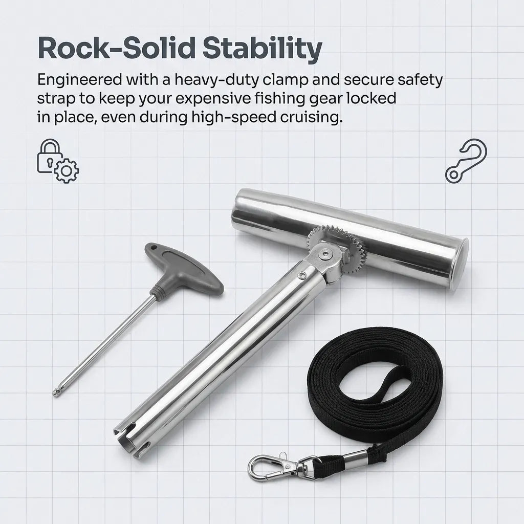 Flat lay showing all included hardware components: the main adjustable rod holder, the secondary mounting tube with gimbal pin, a heavy-duty safety strap, and an adjustment wrench.