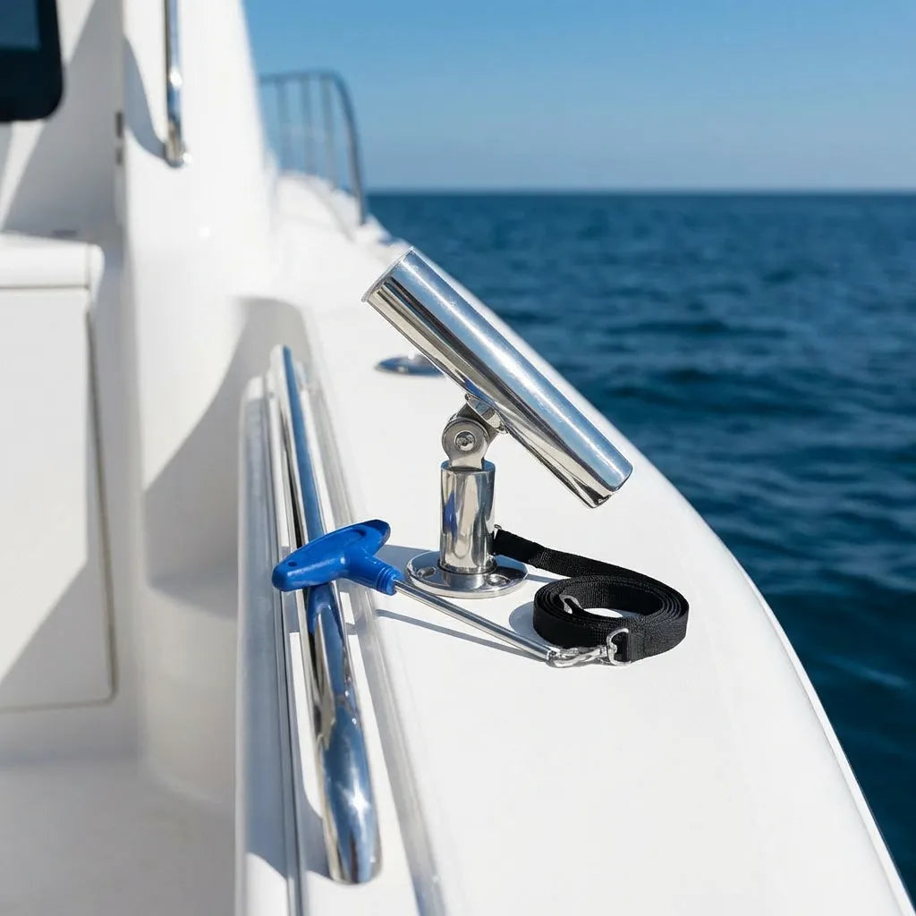 Lifestyle view of the adjustable marine rod holder mounted on a clean white boat gunwale under bright sunlight, demonstrating its aesthetic integration and functional positioning.