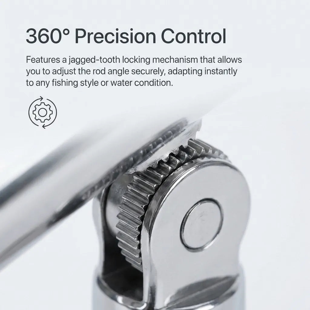 Extreme close-up of the precision-engineered jagged-tooth locking gears that provide 360-degree incremental adjustment and slip-free rod positioning.
