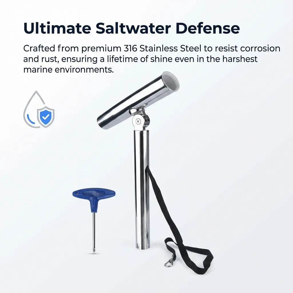 Feature highlight image emphasizing 'Ultimate Saltwater Defense' with a shield icon, noting the premium 316 stainless steel's rust and corrosion resistance.