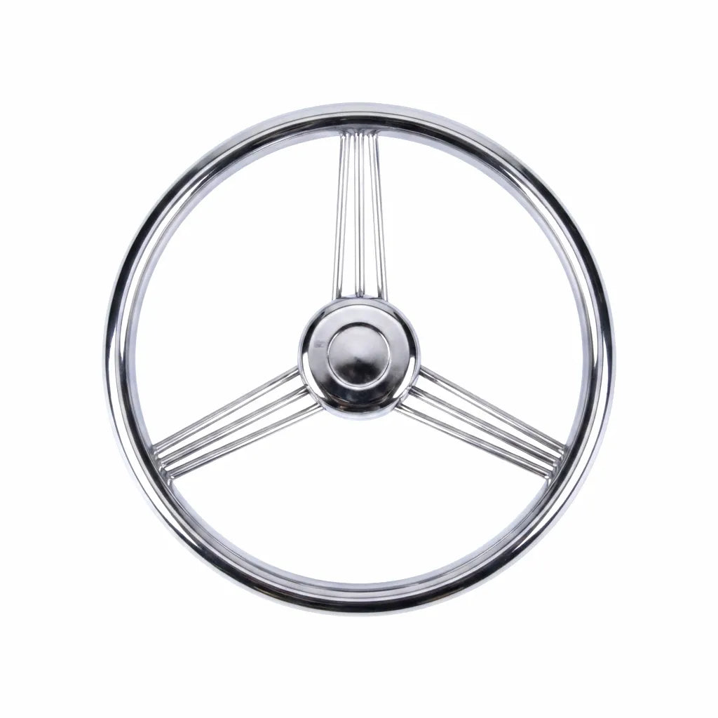 Mirror-polished Airow Marine 316 stainless steel 3-spoke boat steering wheel on a clean white background, showcasing premium marine-grade craftsmanship.