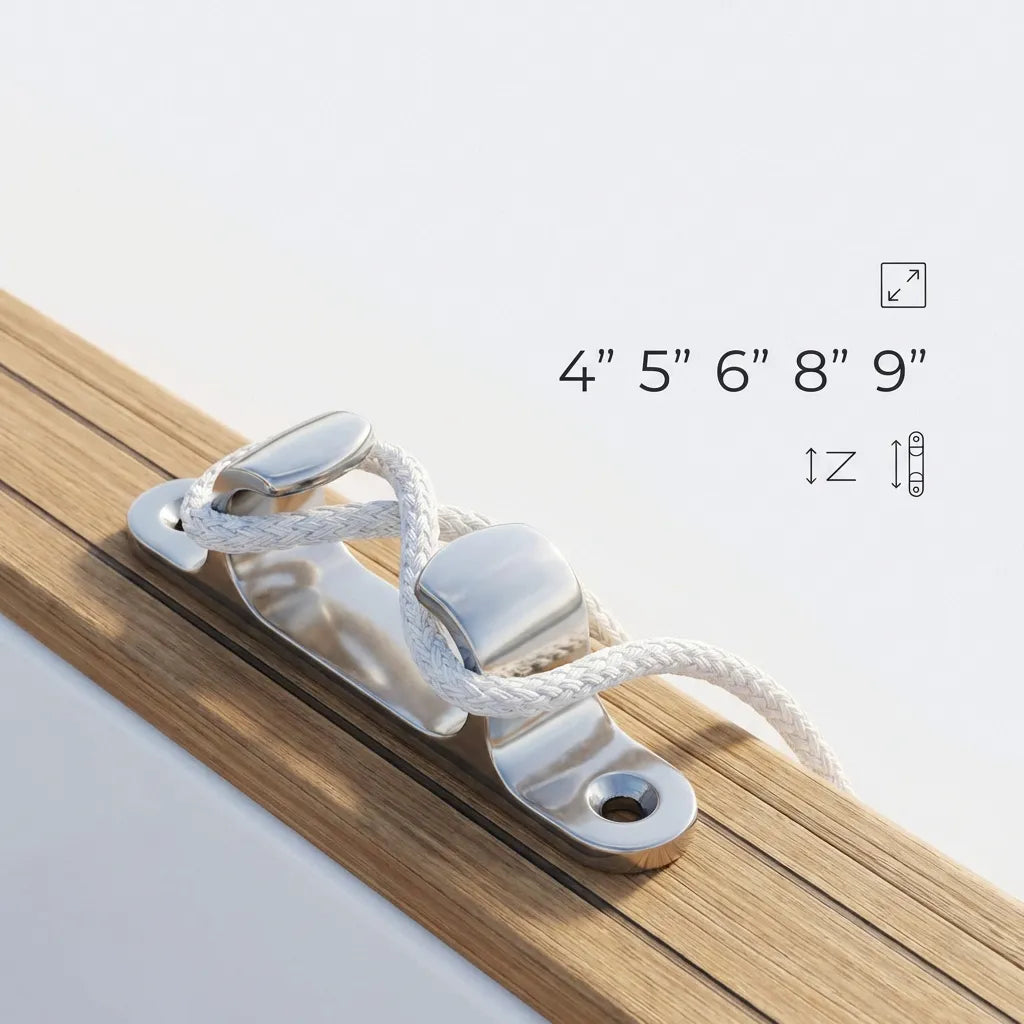 Lifestyle shot of a polished 316 stainless steel bow chock mounted on a teak boat rail with a white mooring rope passing through.