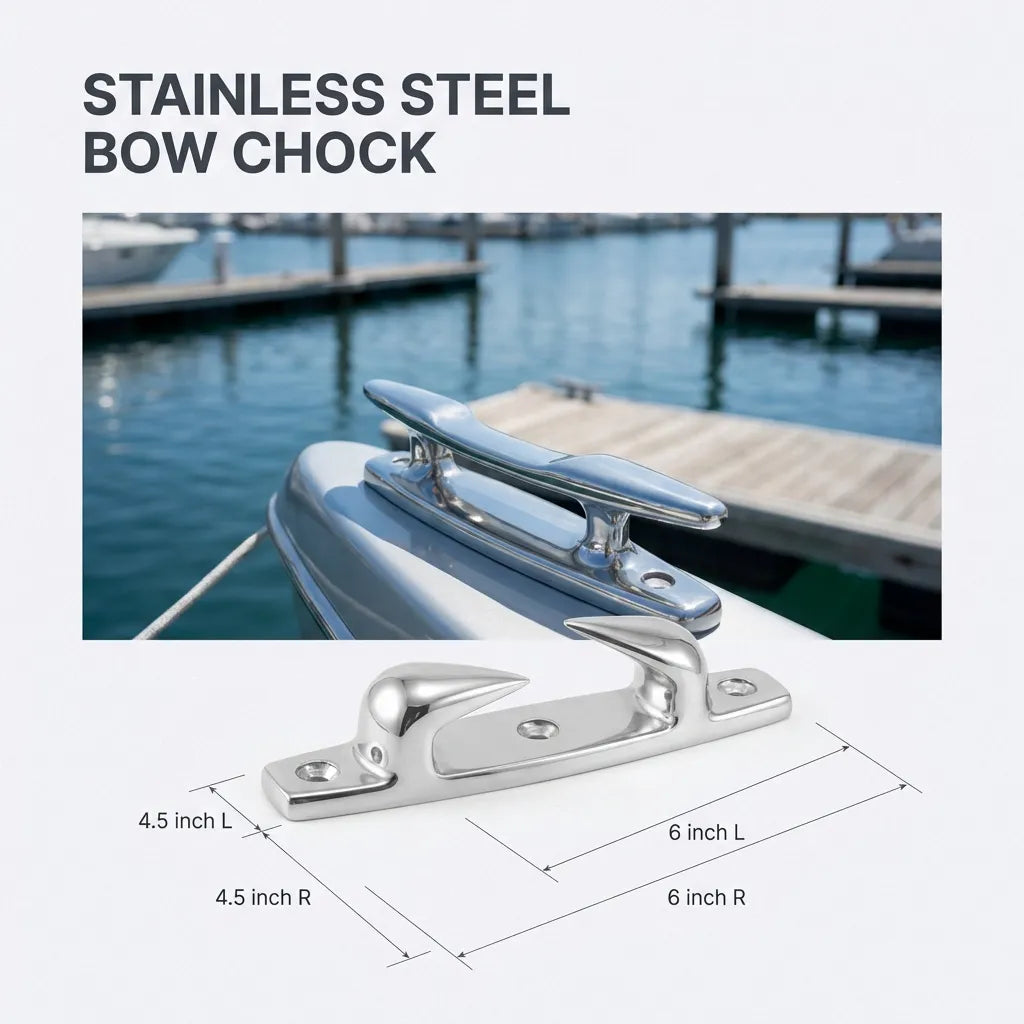 A mirror-finish bow chock installed on a yacht's bow at a marina, highlighting its reflective properties against a backdrop of blue water and docks.