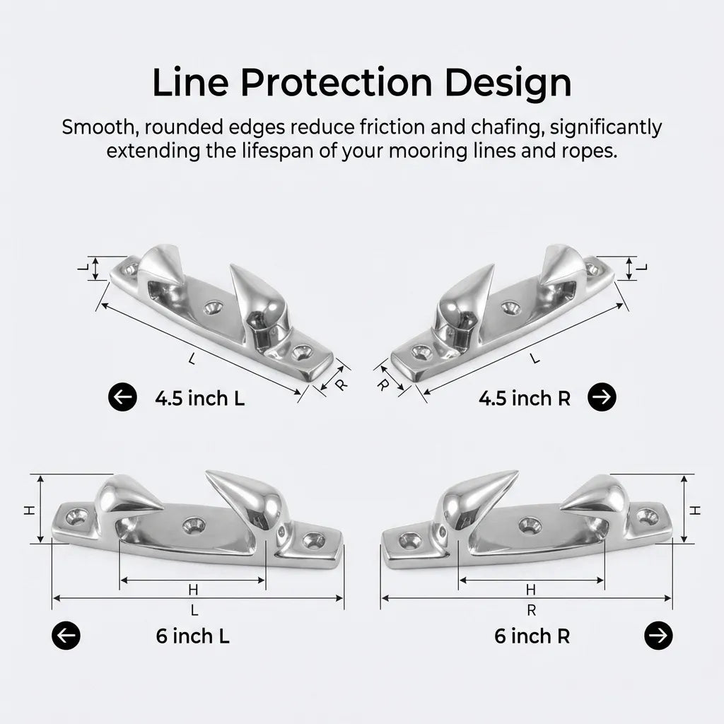 Technical diagram demonstrating 'Line Protection Design' with smooth rounded edges, featuring comparative layouts for 4.5 inch and 6 inch left/right handed chocks.