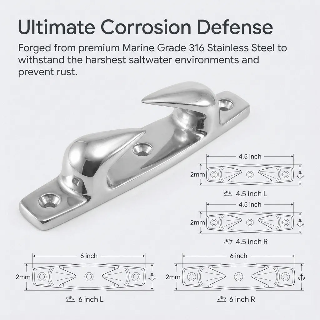 Infographic explaining 'Ultimate Corrosion Defense' forged from 316 stainless steel with a dimensions diagram for 4.5 inch and 6 inch left and right configurations.