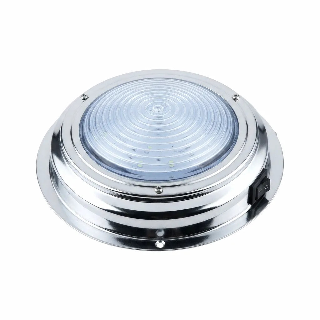Airow Marine 3.2W LED Cabin Light with mirror-polished 316 Stainless Steel bezel, clear ribbed polycarbonate lens, and integrated toggle switch for marine and RV use.