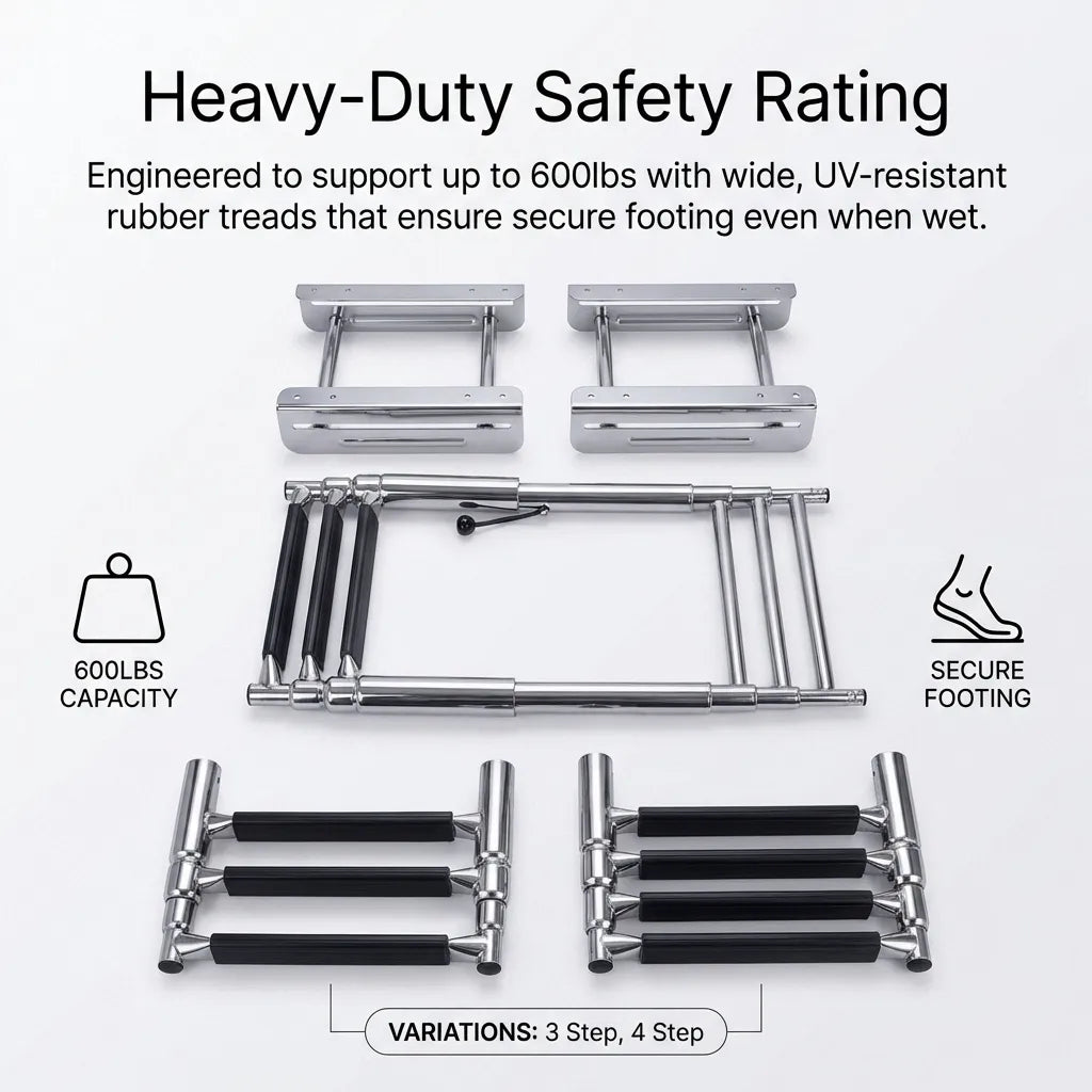 Technical infographic displaying 600lbs weight capacity rating and secure UV-resistant anti-slip rubber treads.