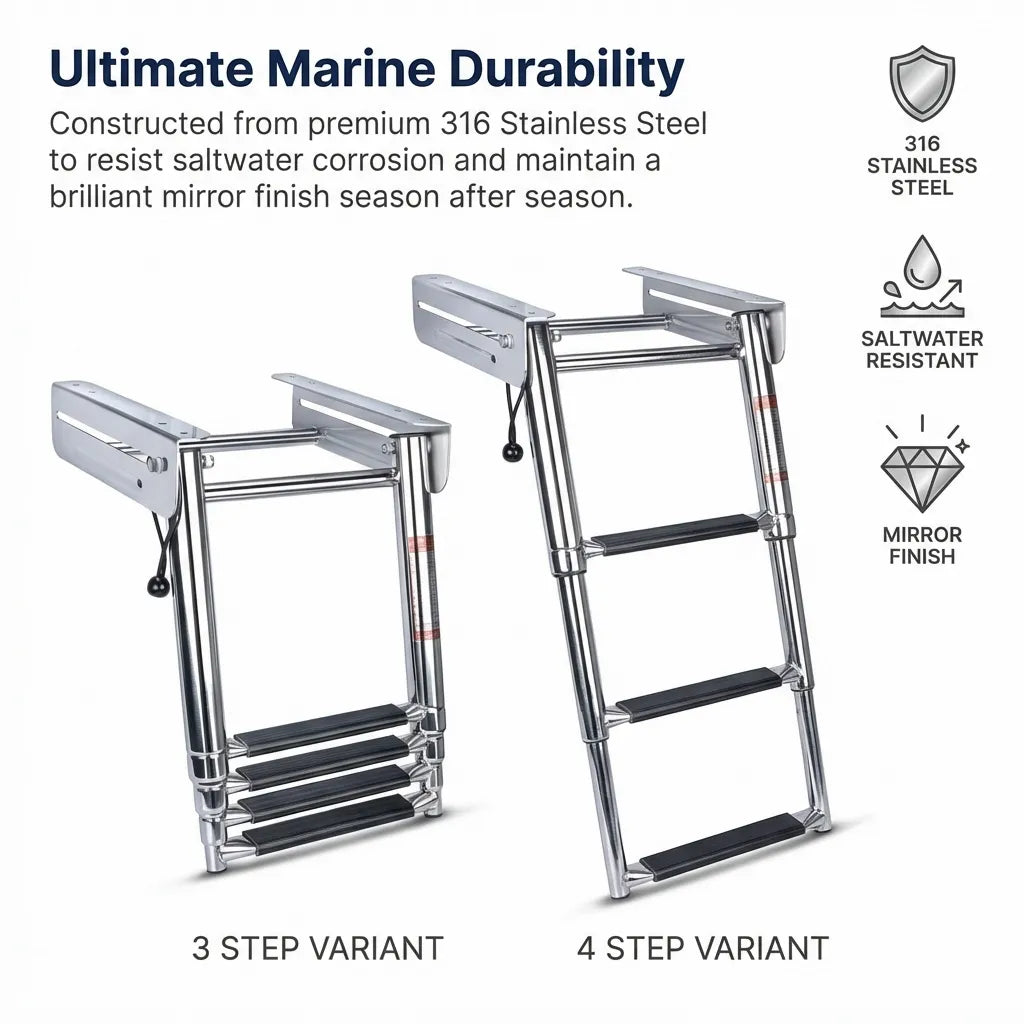 Infographic comparing 3-step and 4-step variants with icons highlighting 316 stainless steel, saltwater resistance, and mirror finish.