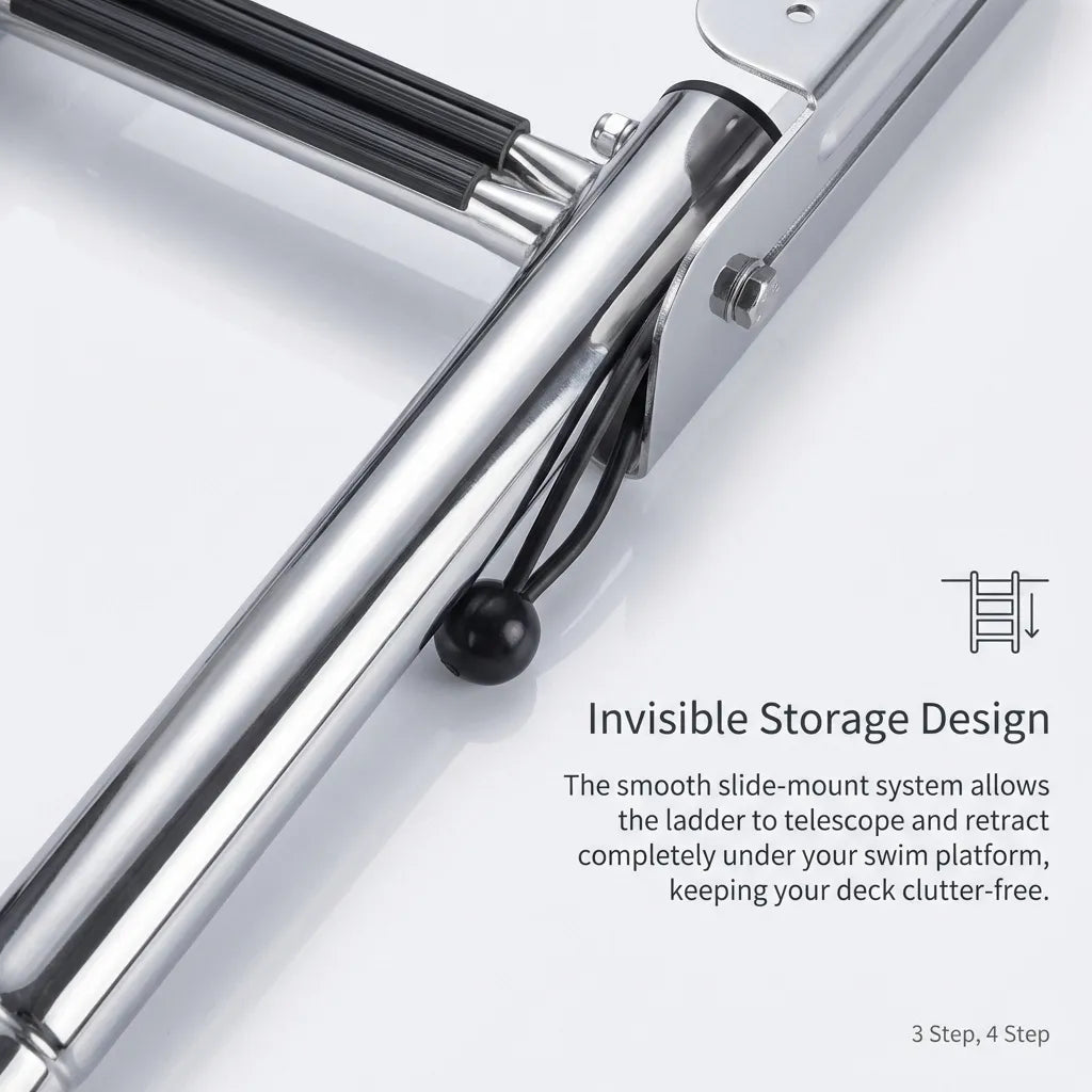 Close-up detail of the telescoping slide-mount system and bungee securing strap for invisible storage under the swim platform.