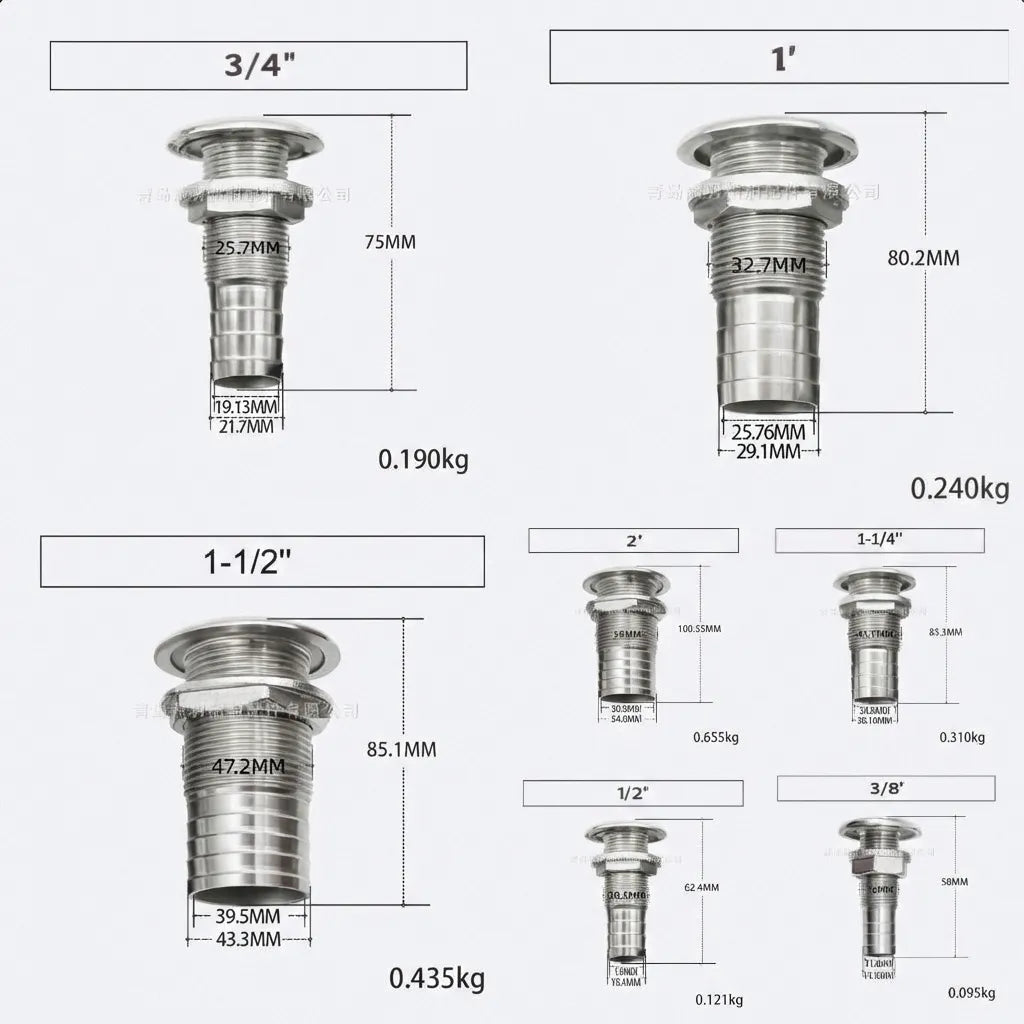 Technical engineering drawing showing exact millimeter measurements and weights for all hose fitting sizes.