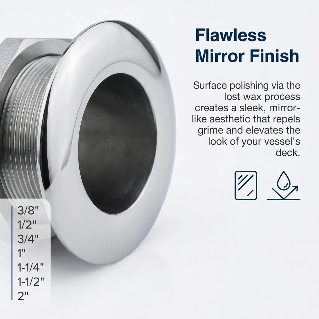 Macro shot of the mirror-polished flange surface produced via the lost wax casting process.