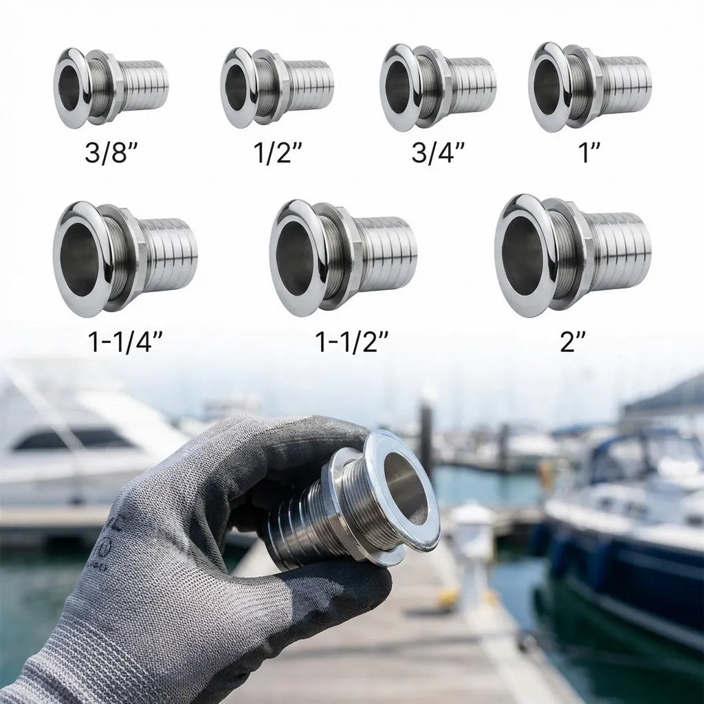 A professional holding a 316 stainless steel thru-hull fitting in a marina setting to demonstrate size and finish.