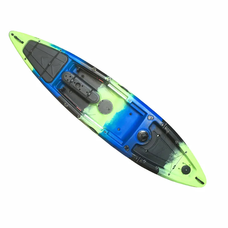 Top-down view of Airow Marine 395cm LLDPE fishing kayak in vibrant green, blue, and black, featuring integrated foot pedals, rudder control, and multiple storage hatches for optimal angling
