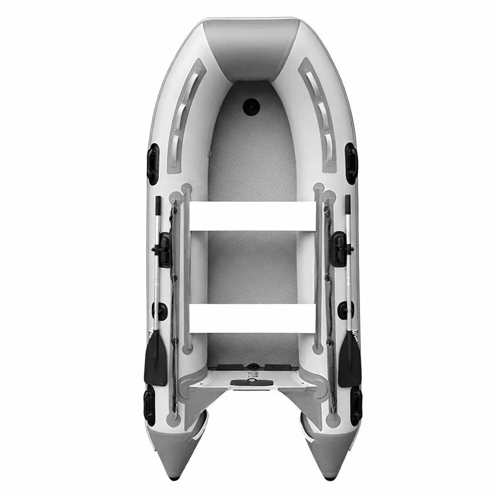 Top-down view of Airow Marine 4.3m armored inflatable fishing boat with rigid aluminum floor and paddles