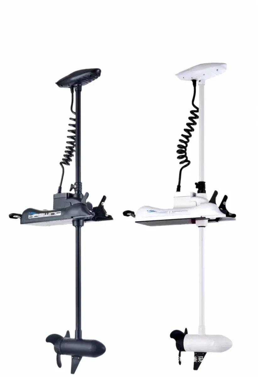 High-performance electric trolling motor in black and white options with 55 lbs thrust and wireless controls for fishing boats