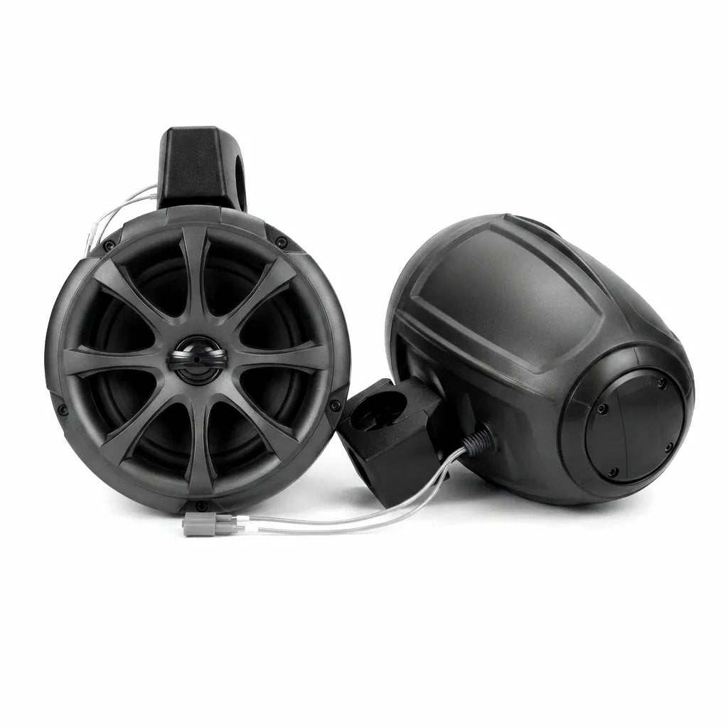 A pair of Airow Marine 6.5-inch black waterproof wakeboard tower pod speakers featuring integrated universal mounting clamps and heavy-duty marine-grade wiring on a clean white background.