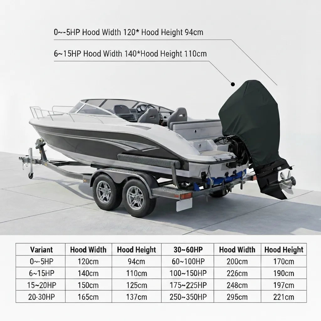 Universal sizing guide showing compatibility for 0-350HP boat engines with specific hood width and height dimensions.