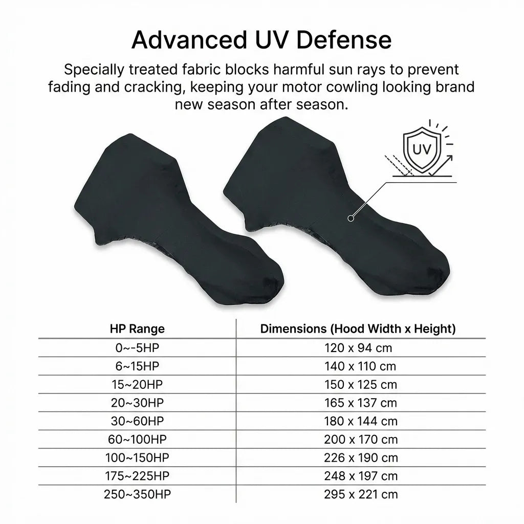Technical chart illustrating Advanced UV Defense properties that prevent fading and cracking of the motor cowling season after season.